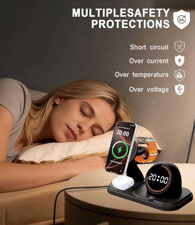 Wireless Charging Station with Clock,6-in-1 Charging Stand for Multiple Devices for iPhone 17 16 15 14 13 12 Pro Max, Apple Watch, Airpods, Bluetooth Speaker + RGB Light