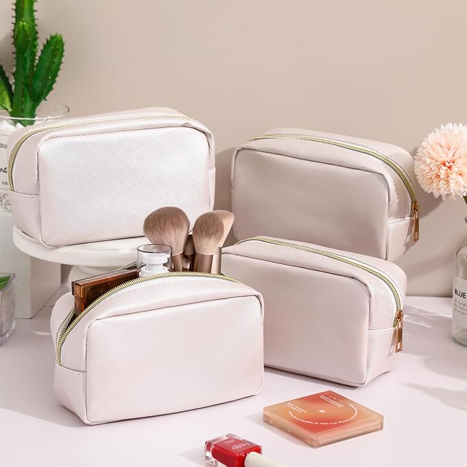 Sweetude 10 Pcs Makeup Bag Bulk for Women Preppy Gift PU Leather Cosmetic Bag Small Skincare Toiletry Pouch Mother Travel Cosmetic Pouch for Bridesmaid Bride Wedding Gift Favors (Ivory)
