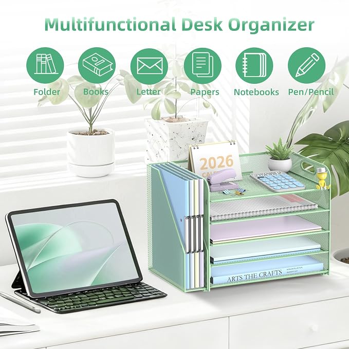 SUPEASY 5-Tier Desk Organizer with File Holder, Desk Organizers and Accessories, Paper Organizer for Desk, Mesh Desktop File Organizer, Workspace Organizers for Office School Home, Green