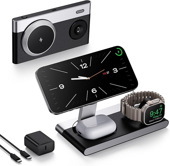 Foldable 3 in 1 Magnetic Wireless Charging Station for Apple Devices, Leather-Like Fast Wireless Charger Dock with Night Light for Magsafe iPhone 17/16/15/14, Apple Watch, AirPod,Gift for Men