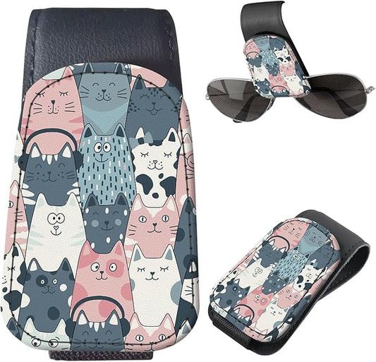 Sunglasses Holder for Car Visor, PU Leather Glasses Clip Organizer, Cute Magnetic Eyeglass Holder for Vehicle Sun Visor, Car Interior Accessory for Women & Men Cute Cat Faces