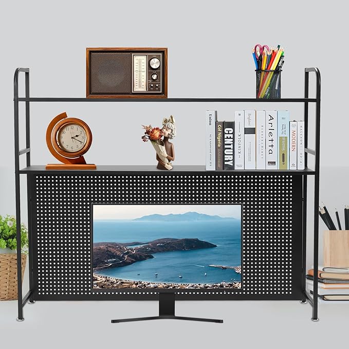 Desk Hutch Shelf 2 Tier Countertop Desktop Bookshelf with Pegboard, Metal Desk Top Bookcase for Computer Desk, Desk Storage Organizer Rack for Dorm Office Home Bedroom(Black, 115cm/45.3in)