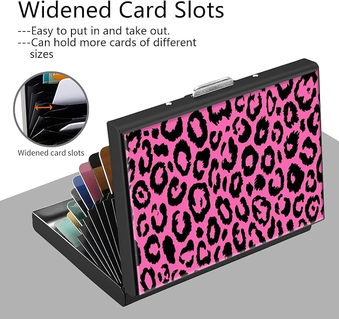 Credit Card Holder Pink Leopard Print Design Mini RFID Blocking Aluminum Wallet Slim Metal Hard Cover Shell Travel Wallet ID Cases Small Credit Cards Case Business Cards for Women Men Girls