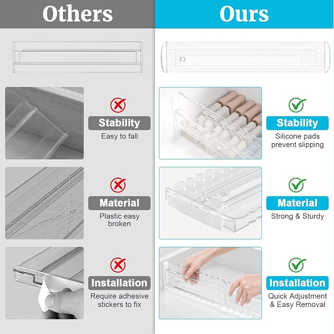 4 Pack 4" High Drawer Dividers for Clothes, 10.2"-16.5" Expandable Dresser Drawer Organizers, Adjustable Plastic Clear Drawer Separators for Kitchen, Baby Clothing, Socks, Underwear, Bedroom