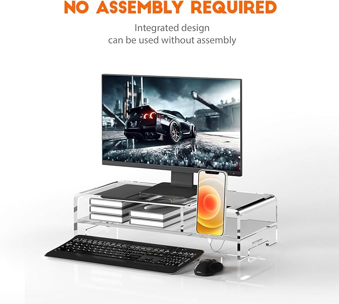 BEYGORM Acrylic Monitor Stand for Full Keyboard, 20" Wide 2-Tier Riser with Storage Shelf and Phone Holder, Desktop Organizer for Laptop, Printer, Screen (Clear)