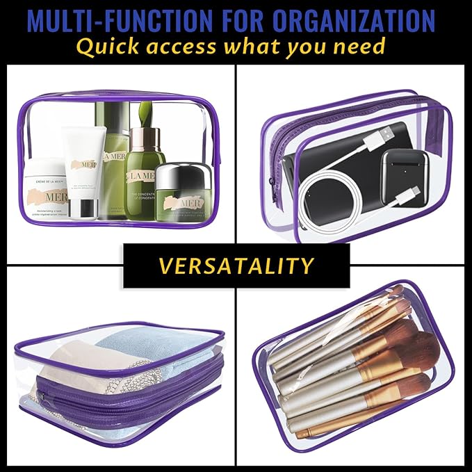 YedsIntu 16 Pieces Clear Makeup Bag PVC Zippered Clear Toiletry Carry Pouch Portable Cosmetics Bag Waterproof Makeup Bag Vinyl Plastic Organizer Case for Travel Vacation Bathroom (Purple-M)