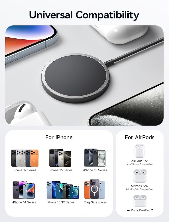 JSAUX Magnetic Wireless Charger Compatible with MagSafe Charger/iPhone 16/16 Pro/16 Plus/16 Pro Max/iPhone 15 Pro Max Plus/iPhone 14 13 12 Series, Wireless Mag Safe Charging Pad, Mag Charger (Black)