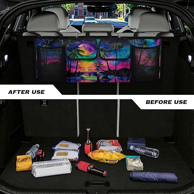 Sunset Car Trunk Organizers,Coconut Tree Colorful Design Backseat Hanging Organizer with 4 Large Storage Bag,Bag with Lids,Road Trip Adjustable Strap Machine Washable