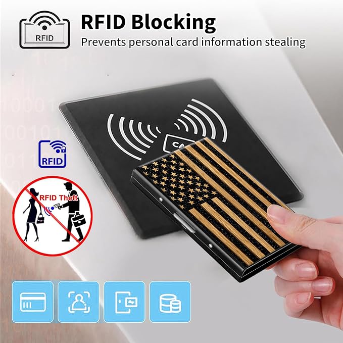 Metal Wallet,Credit Card Holder for Women Men,RFID Blocking Card Holder Mini Slim Aluminum Wallet ID Case Hard Case Business Card Holder Case,Cute Wood Flag