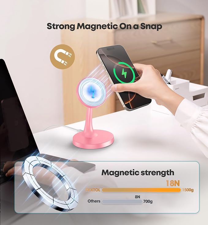 Magnetic Wireless Charger iPhone Stand, 15W Fast Mag-Safe Charger iPhone 17/17 Air/17 Pro/17 Pro Max 16/15/14/13/12 Series Magnet Wireless Charging Station/Pad/AirPods for Home, Office, Travel