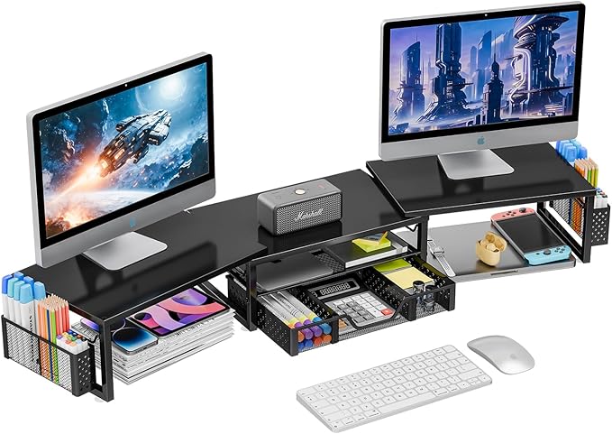 Simple Trending Desk Organizers and Accessories, Dual Monitor Stand Riser with Drawer and 2 Pen Holder, Shelf for Top of Desk, Black