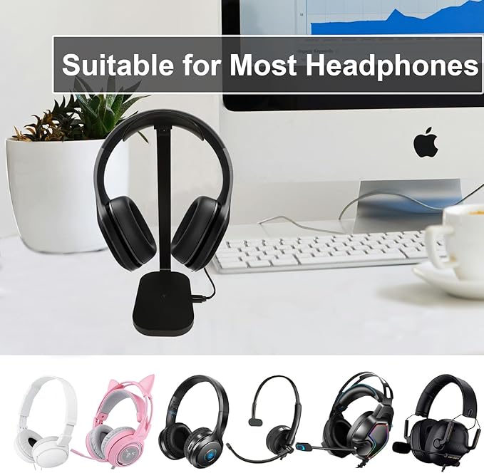 Headphone Stand with Wireless Charging, 15W Gaming Headset Holder for Desk, Aluminum Support Bar, Silicone Pad Headrest, Suitable for All Headphones
