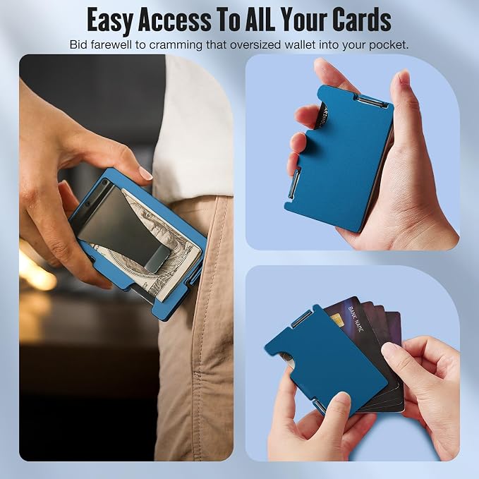 Wallet for Men, Minimalist Card Holder with Money Clip, Slim Metal Front Pocket Aluminum Wallet, Modern-Modular-Design, RFID Blocking, Navy Blue