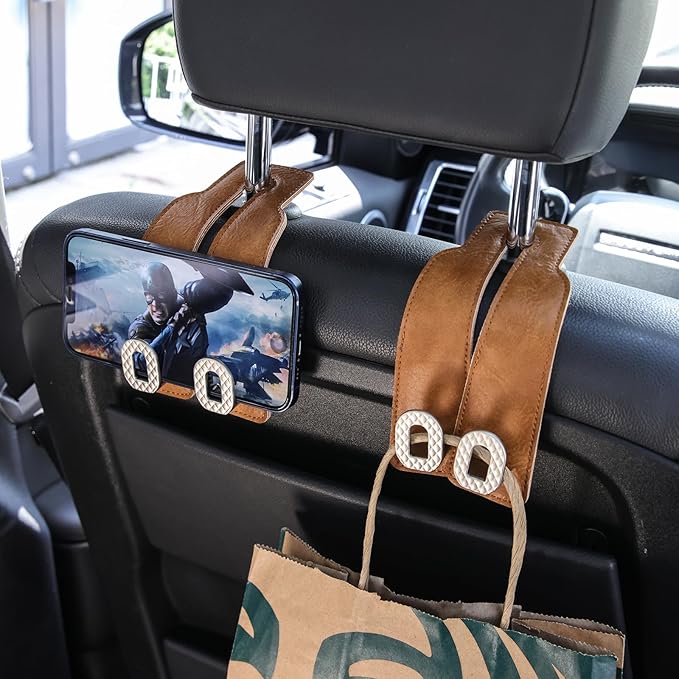 Car Headrest Hooks Universal Car Purse Hook Premium Leather and Alloy Twin Hook Car Seat Back Storage Hanger Hook for Purse Bags Cloth Drink Durable Holder Car Accessories (BH09-Brown-Silver)