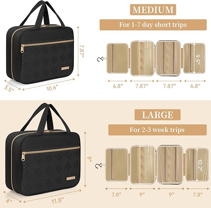 Travel Toiletry Bag for Women & Men Water Resistant Makeup Bag with Hanging Hook Portable Travel Organizer for Travel Accessories, Travel-Sized Shampoo, Toiletries (Large-Black)