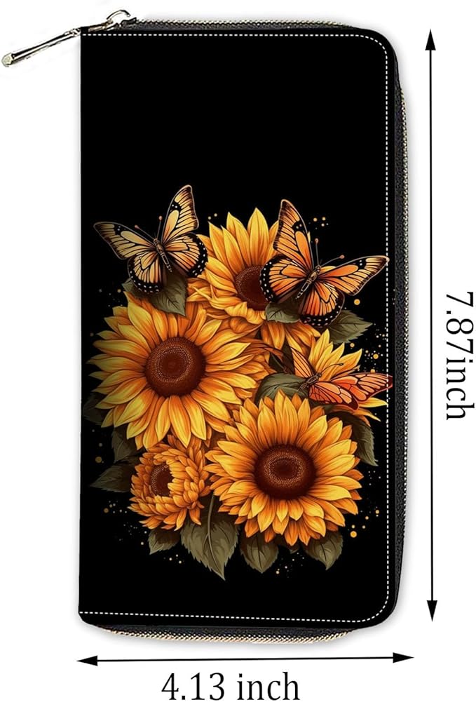 Womens Wallet,RFID Blocking Large Capacity Clutch,Zip Around Leather Purse with 8 Card Slots,Bill Compartments Coin Pocket - Sunflowers Butterfly