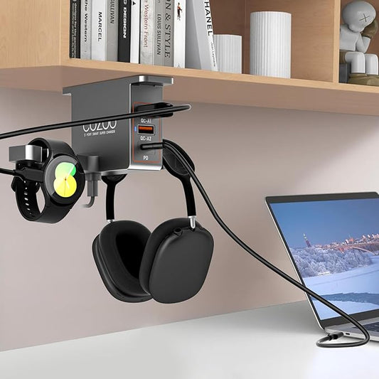 cozoo Metal Grey Under Desk Headphone Stand with 3 USB Charging Ports (PD & QC3.0), Dual Headset Hanger & Watch Hook,Gaming Accessories for Desk, Gifts for Men, Gamers, Teen Boys & Boyfriend