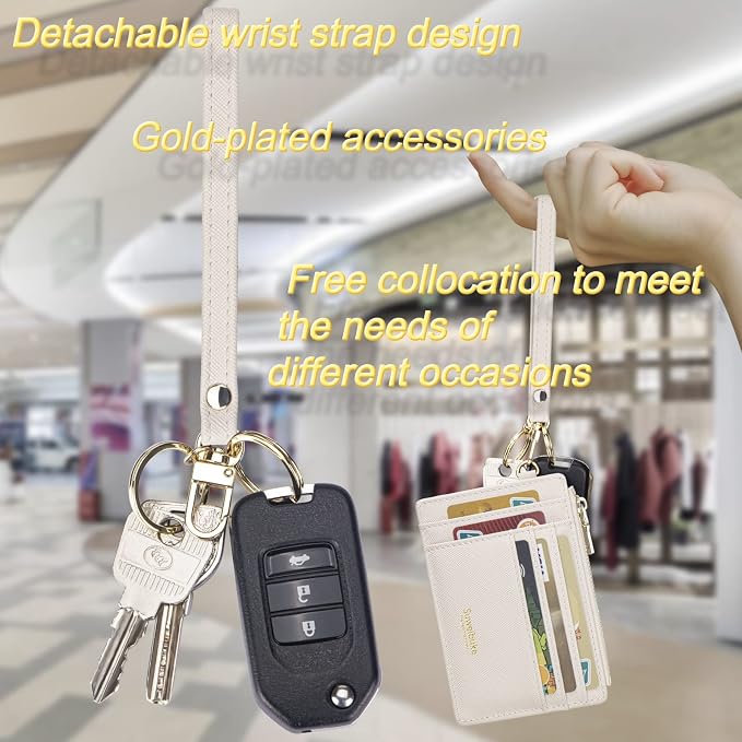 Wikavanli Women Slim Rfid Blocking Credit Card Case Holder Wristlet Zip ID Case Wallet Small Compact Leather Wallet Coin Purse with Keychain (Beige)