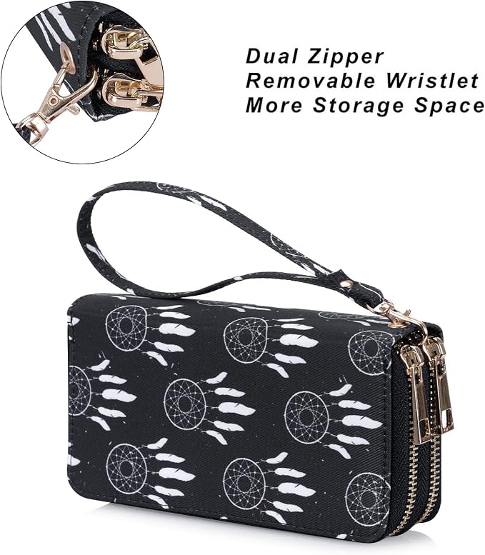 Cellphone Wallet for Women Dual Zipper Long Purse with Removable Wristlet