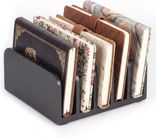 Lineshading Bamboo Letter Organizer, 5 Compartments Desk Mail Organizer, Desktop Envelope Holder and Letter Sorter, Countertop Paper File Holders with Anti Slip Mat for Home Office(Black)