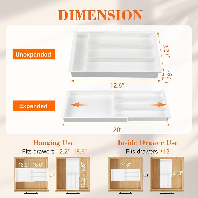 Briwooody Expandable Drawer Tray with Adjustable Dividers, 12.6-19.96 Inch Hanging Sliding Desk Organizer, 1.18'' Deep White Office Storage for Pens Paper Clips Sticky Notes Tape, Desk Accessories