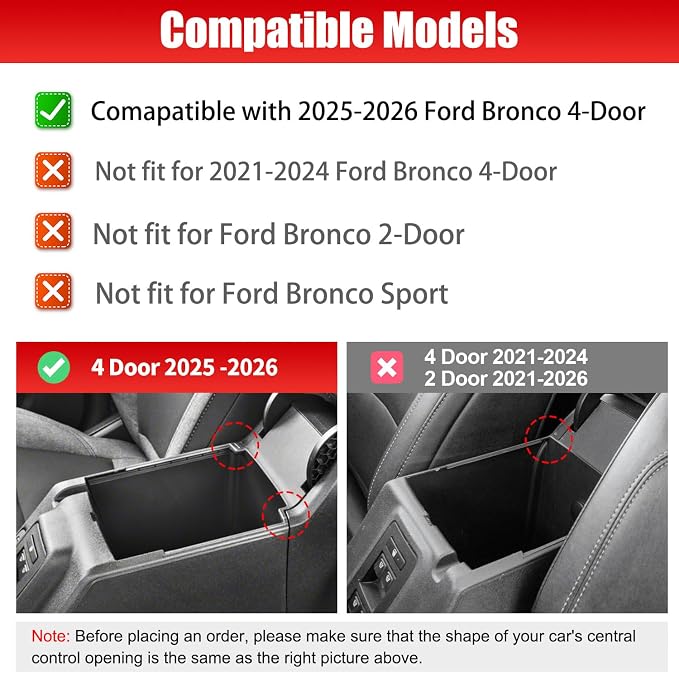 Center Console Organizer Tray Compatible with 2026 2025 Ford Bronco 4-Door, Armrest Storage Box Insert Interior Accessories