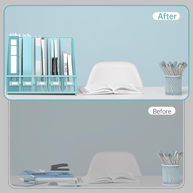 SUPEASY Desk Organizers Metal Desk Magazine File Holder with 5 Vertical Compartments Rack File Organizer for Office Desktop, Classroom, Home Workspace, Blue Plus