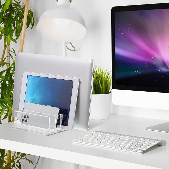 Frienda 1 Piece 4-Compartment Acrylic Vertical Laptop Stand, Can Accommodate with a Thickness of Less Than 2 cm, Fits Most Laptop (Clear)