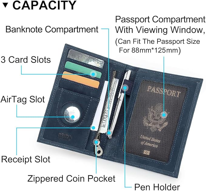 CONTACTS Full Grain Leather Passport Holder RFID Blocking Travel Passport Wallet Compatible with Airtag Passport Cover Case with 4 Card Slots, Coin Pocket (US Passport Stamp, Blue)