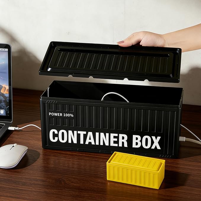 NEXIL Cable Management Box - Cord Organizer Box to Hide Power Strips & Cables, Industrial Desk Cable Organizer with Retro Metal Storage Tin, Black
