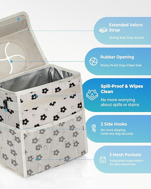 Corduroy Car Trash Can with Lid and Mesh Pockets - Leakproof Organizer,Multipurpose Waterproof Garbage Can/Trash Bin for Car(Off-White Base with Black Floral Print-2 Gallons)