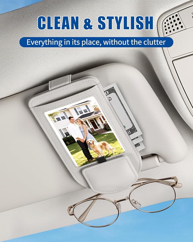 Car Visor Sunglasses Holder, 3 in 1 Glasses Clip with Photo Picture Display & Extra Storage Pocket, Anti-Slip Universal Sun Visor Organizer, 2026 Upgraded (2, Off-White)