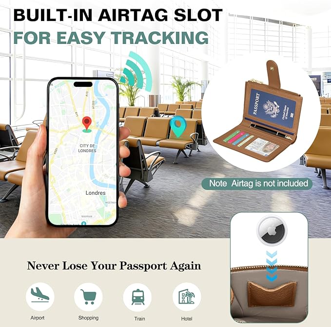 Passport Holder for Travel, Leather Passport Wallet with Airtag Slot, RFID Blocking Travel Wallet for Women Men, Passport Cover with Air Ticket Card Cash Coin Pocket, Travel Essentials Gift