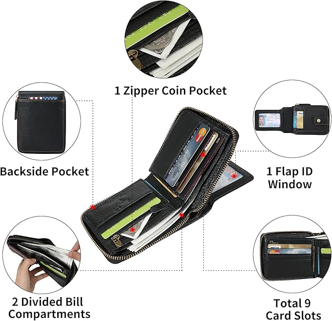 Zipper Wallet Men RFID Blocking Leather Bifold Wallets For Men - Flap ID Window Zip Coin Pocket Mens Zipper Wallets - Big Capacity Credit Card Travel Wallet (Black)