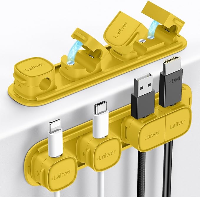 6 Pack Magnetic Cable Clips [1s Open/Lock], Laitver Cord Organizer Holder Strong Adhesive Desk Cable Management- Organize Charging Cords Neatly for Home, Office, Car,Desk, Nightstand-Yellow
