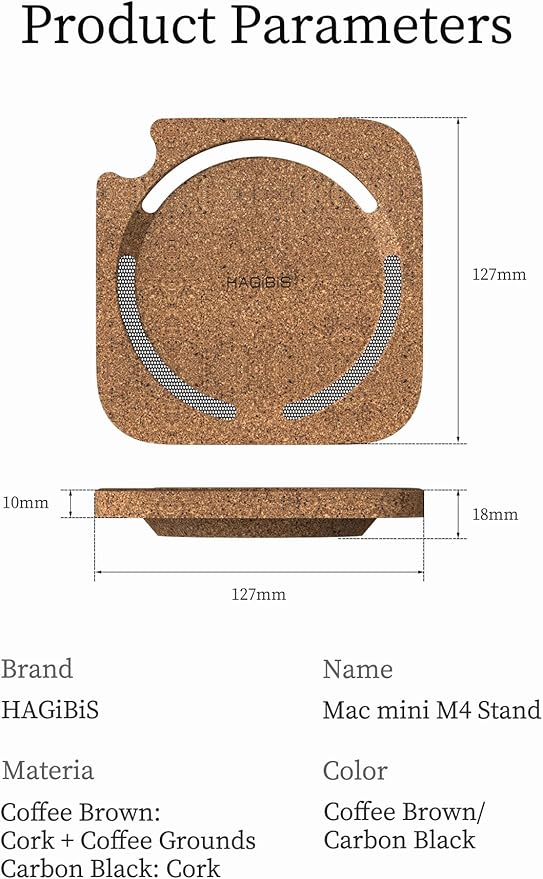 Hagibis Mac mini M4 Stand, Coffee Groud Cork Desktop Stand Dustproof Laptop Holder Environmentally Friendly Cooling Heat Disspation Mount for Mac mini M4 Pro 2024 (ZM10 Coffee Cork)
