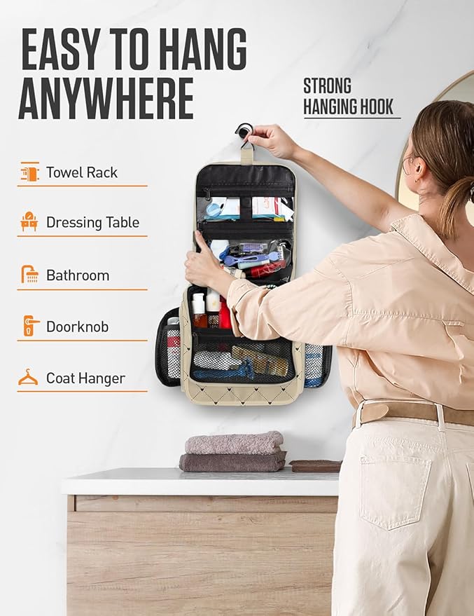 VENTURE 4TH Hanging Travel Toiletry Bag for Women & Men – Large Toiletry Organizer with 17 Compartments, Removable TSA Pouch, Travel Wash Bag for Toiletries, Makeup & Shaving Kit (Beige Diamonds)
