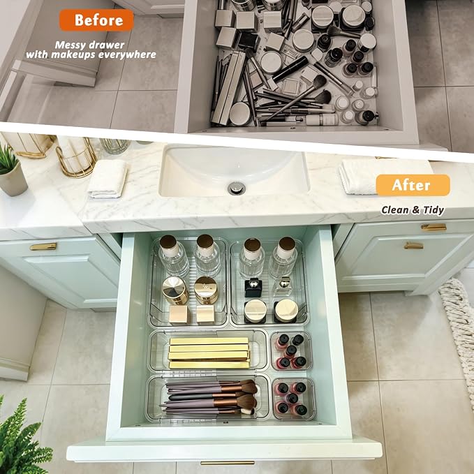 Extendable Drawer Organizer, 14 pcs Bathroom & Vanity Adjustable Drawer Organizers Tray, 3-size Clear Plastic Storage Bin for Makeup, Office Desk, Kitchen, Bedroom, Cabinet Drawer