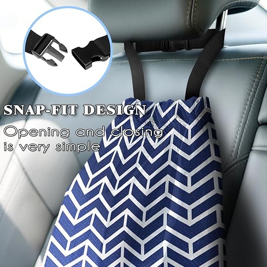 Car Trash Bag Hanging Back of Seat with Adjustable Snap Buckle Strap Cute Printed Drawstring Garbage Bags for Car-Blue White