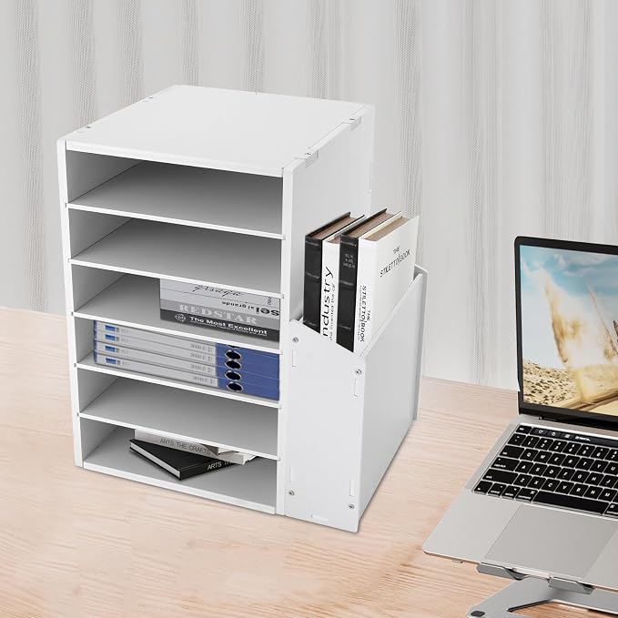 6-Tier File Organizer, 6 Slot Thick Board Desktop Mail Sorter w/Side Storage Cabinet, Adjustable Shelves File Sorter, Paper Organizer for Home School Office (White, 6 Slot)