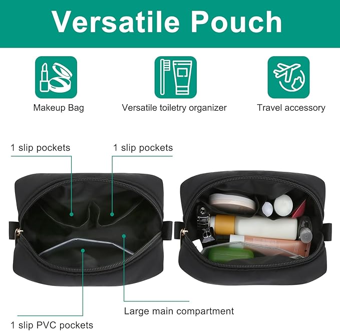 Travel Makeup Bag for Women, Small Cosmetic Bags Organizer Toiletry Bag, Nylon Pouch Travel Essentials Toiletries Accessories Brushes, Black