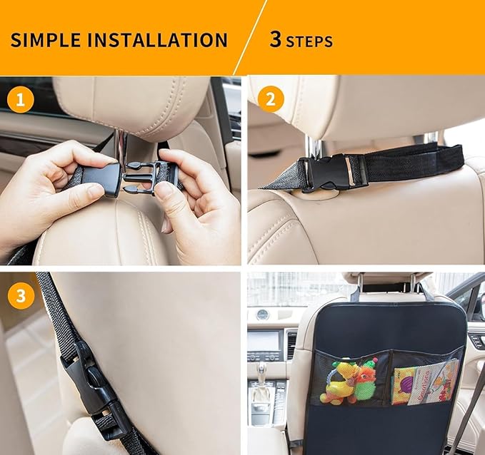 Car Seat Back Protector with Mesh Storage Pockets, Water-Resistant Kick Mat Seat Back Organizer for Kids, Easy Clean, Universal Fit for SUV/Truck, Set of 2, Black (With mesh *2)