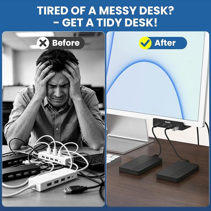 EJAY USB C Hub Clamp Mount, 4-Port 10Gbps USB 3.2 Hub Gen 2, Aluminum Clamp On USB Hub for Monitor & Desk, Dual Cable USB C Splitter Data Hub for Mac, PC, Desktop, Black