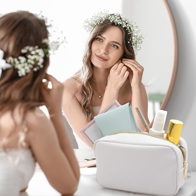 Sweetude 1 Pcs Makeup Bag Bulk for Women Preppy Gift PU Leather Cosmetic Bag Small Skincare Toiletry Pouch Wedding Travel Cosmetic Pouch for Bridesmaid Bride Mother Gift Favors (White)
