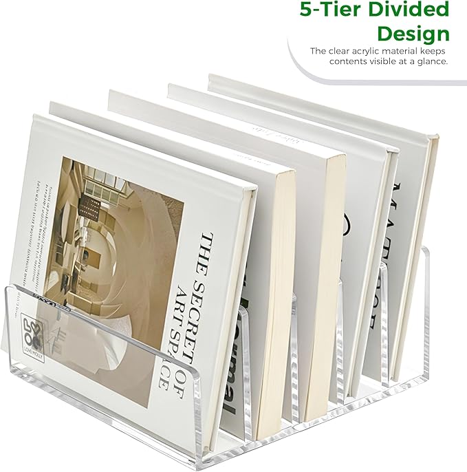 Lovemolly 5-Slot Clear Acrylic Mail Holder – Vertical Letter Sorter & Desk Organizer for Bills, Envelopes & Notebooks, Compact 6.88 x 6.69 x 3.93 in