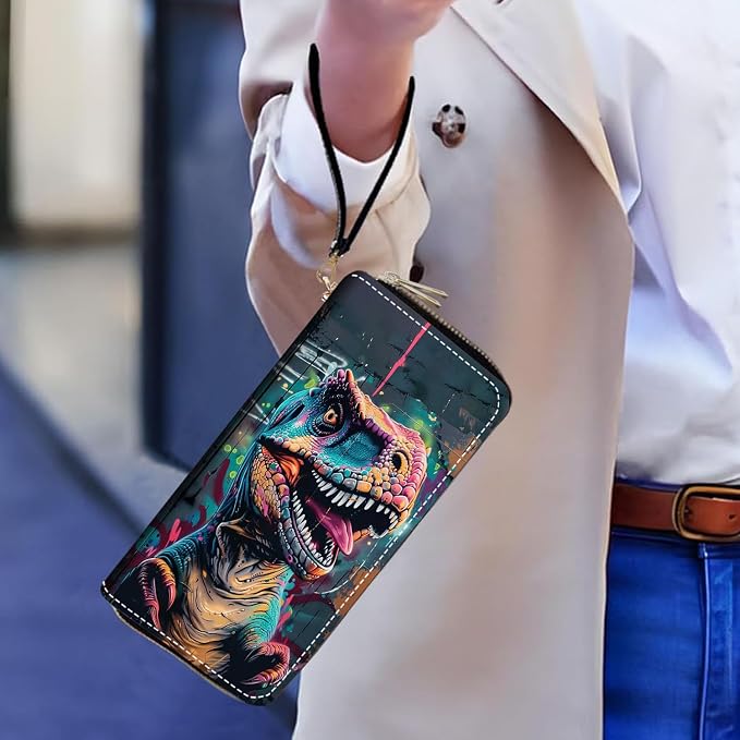 Women's Large Capacity Wallet PU Leather Double Zipper Clutch Purse Multifunctional Wallet with Removable Wristlet Strap for Smart Phone/Coin/Card/Cash - Dinosaur