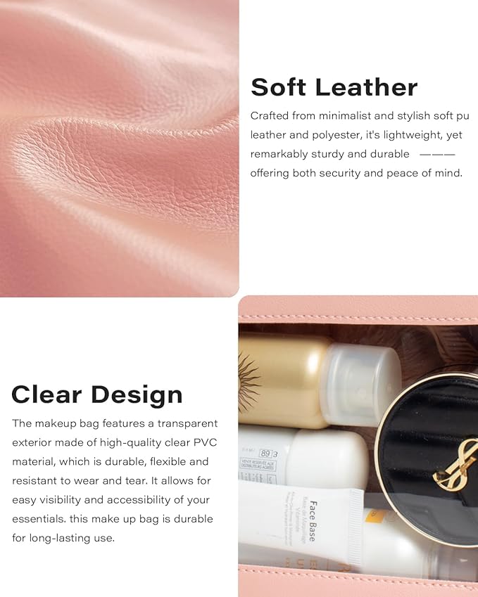 LETGO 2Pack Clear Makeup Bags Set, Clear Travel Makeup Brush Holder, Portable Leather Travel Toiletry Bag Pink Car Accessories for Women