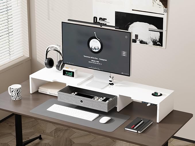 LAPTAIN Monitor Stand with Drawer, Dual Monitor Stand Riser with Adjustable Length and Angle, Computer Stand, Desk Organizer for PC Monitor/Laptop/MacBook