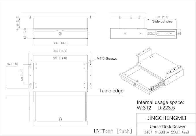 Under Desk Drawer Sliding Out Attachment with Shell, 15.6" x 10" x 5.07" Pull Out Lockable Drawer Storage Organizer with Cable Mangement for Workbench or Standing Desk with High Crosspiece