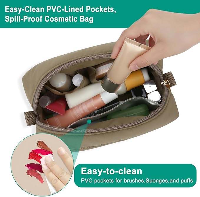Travel Makeup Bag for Women, Small Cosmetic Bags Organizer Toiletry Bag, Nylon Pouch Travel Essentials Toiletries Accessories Brushes, Khaki